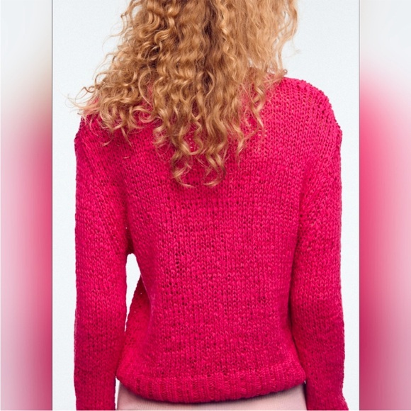 Zara Hot Pink Textured Knit Sweater Crew Neck – Size L - Picture 2 of 5